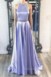 New Brand Lavender Satin A Line O Neck Long Semi Formal Prom Dress, Party Dresses